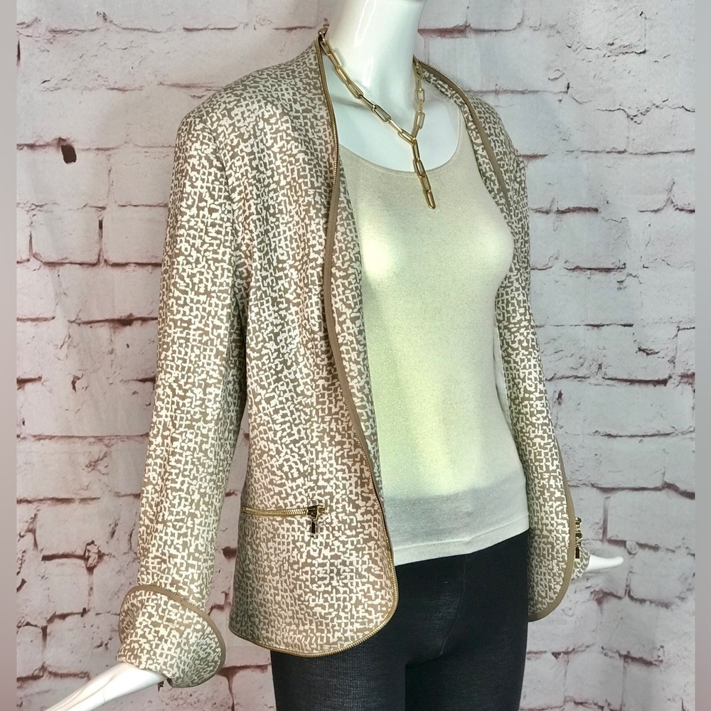 ESCADA M Tan & Cream print Gold Zipper detail Moto vibe Size EU 44 jacket blazer - Picture 3 of 15